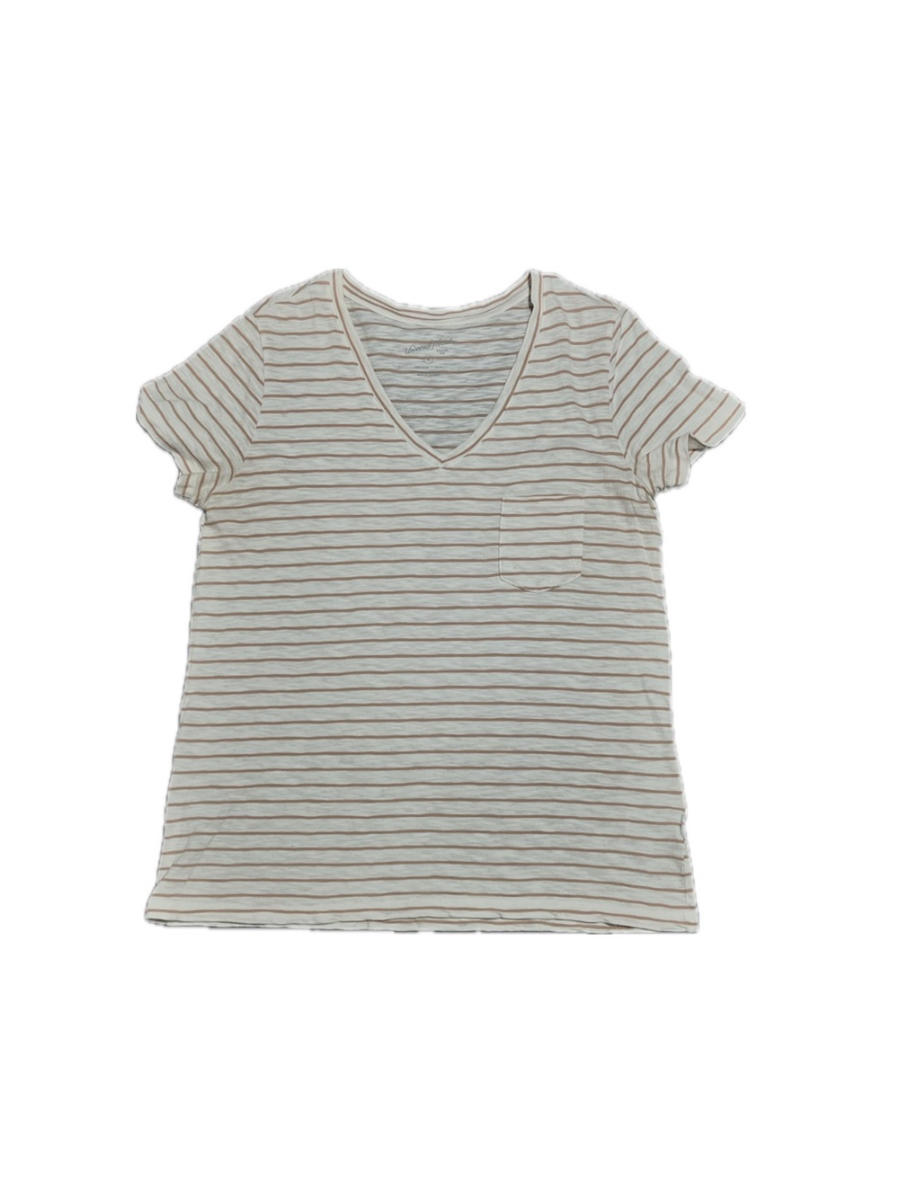 V-Neck Striped Pocket Tee - Cream with Brown Stripes